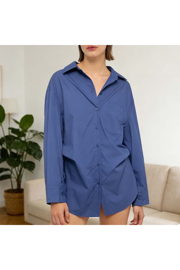 Women's Fashion Spring/Summer Long-Sleeve Maxi Button-Down Pocket Solid Color Loose-Fit Waist-Defining Collared Shirt Top Navy XS