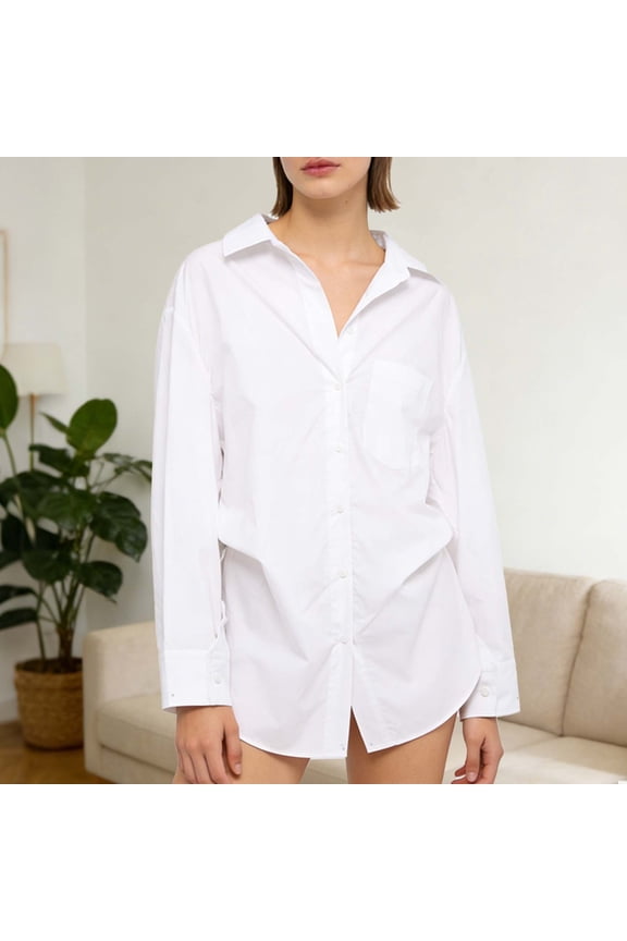 Women's Fashion Spring/Summer Long-Sleeve Maxi Button-Down Pocket Solid Color Loose-Fit Waist-Defining Collared Shirt Top White XS