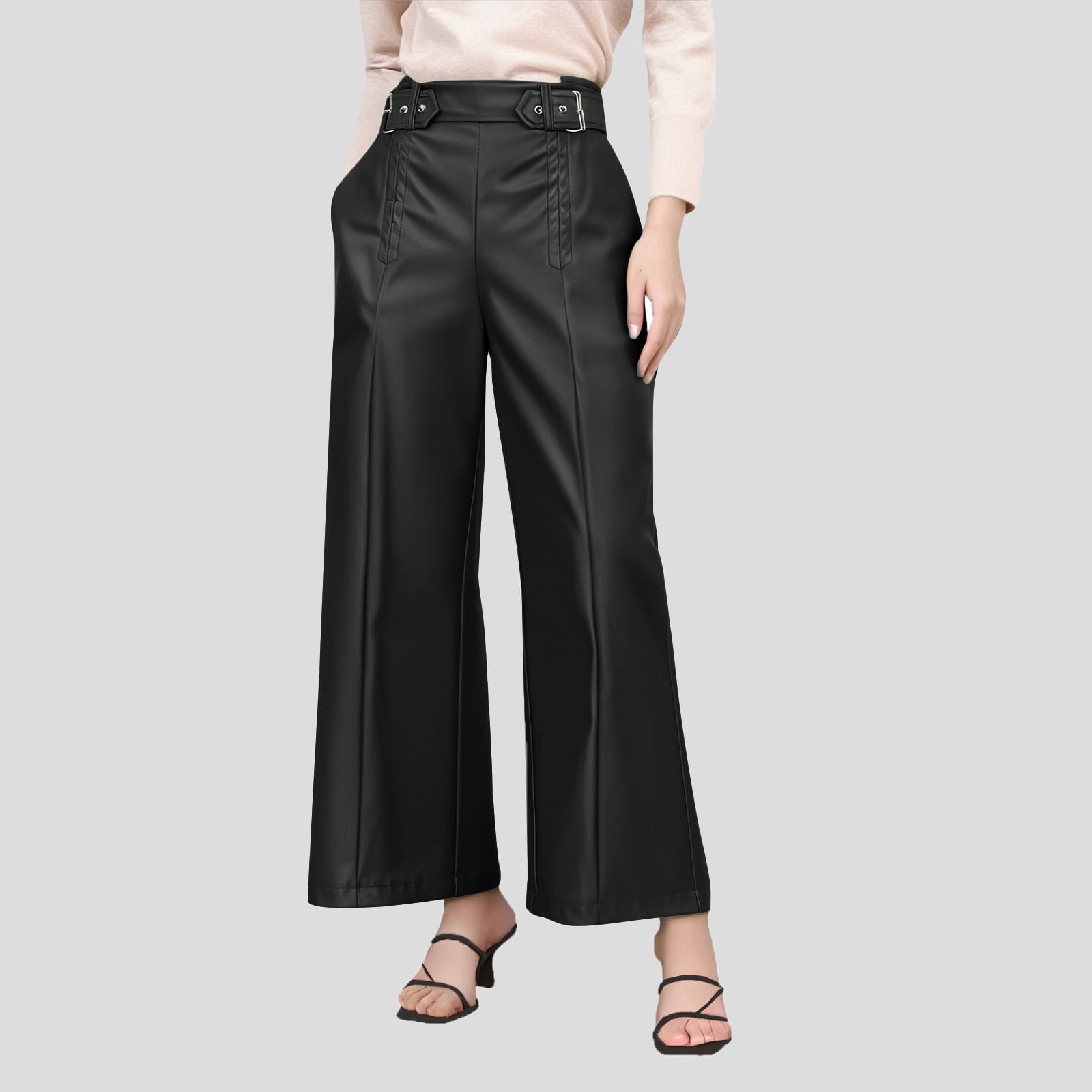 YueHuiYing Women's Fashionable Casual Faux Leather Pants High-Waisted Design with Relaxed Pockets Waistband-Tucked Faux Leather Silhouette Black 2XL