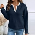 thumbnail image 1 of YueHuiYing Women's Fashionable Lace-trimmed V-neck Sweater In Solid Color Loose Long-sleeved Knitted Sweater, 1 of 5