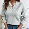 thumbnail image 1 of YueHuiYing Women's Fashionable Lace-trimmed V-neck Sweater In Solid Color Loose Long-sleeved Knitted Sweater, 1 of 3