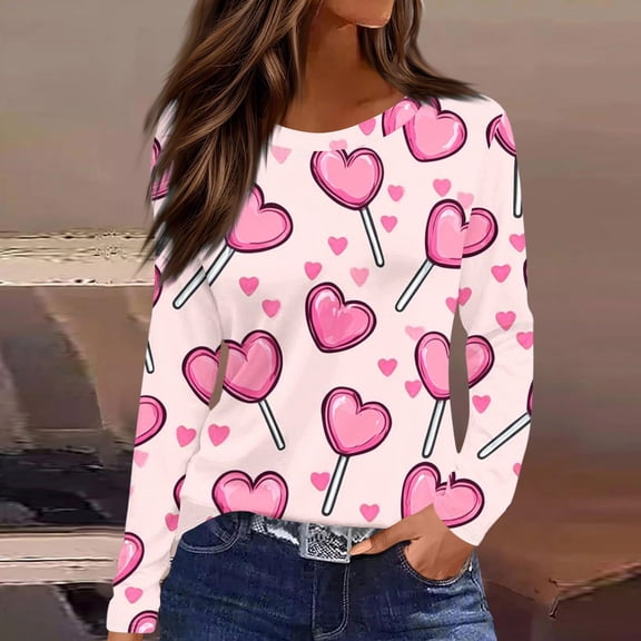 YueHuiYing Women's Fashionable Oversized Valentine's Day Pink-Based White Floral Print Casual Long-Sleeve T-Shirt with Round Neck Top - Fresh Gentle and Easy to Style for Everyday Wear