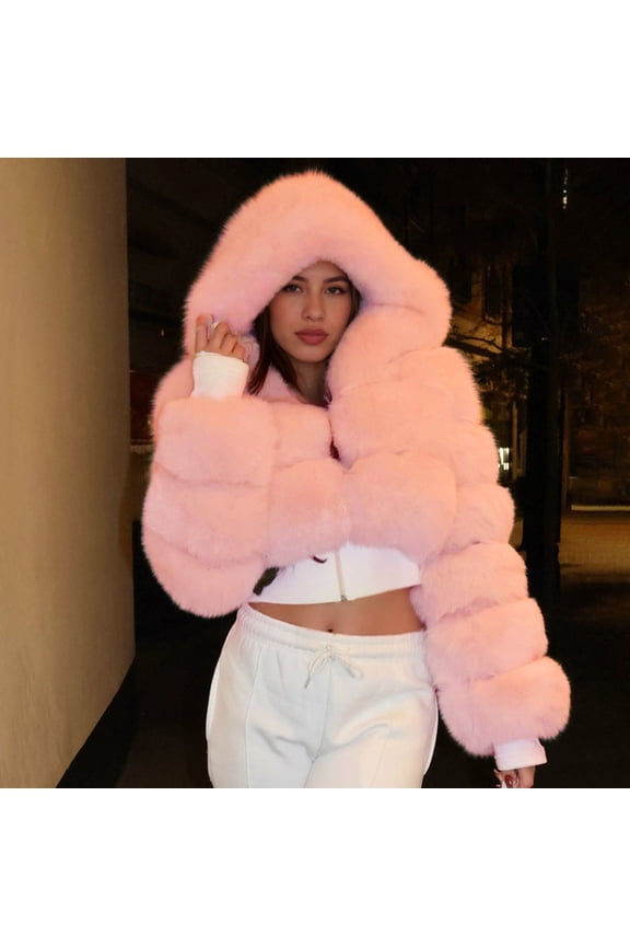 Women's Faux Fur Coat Fluffy Fuzzy Shaggy Hooded Warm Long Sleeve Outerwear Jacket