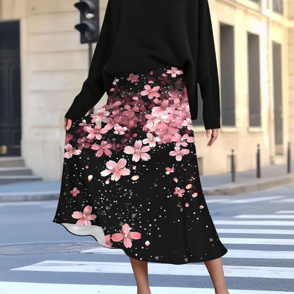 YueHuiYing Women's Floral Print Side-Zipper Skirt - A-Line Knee-Length Skirt for Spring and Summer Casual Outings