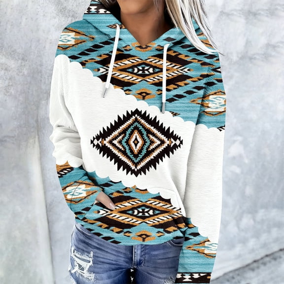 YueHuiYing Women's Geometric Print Hoodie Pullover Cowgirl Ethnic Rhombus Printed Hooded Winter Sweatshirt