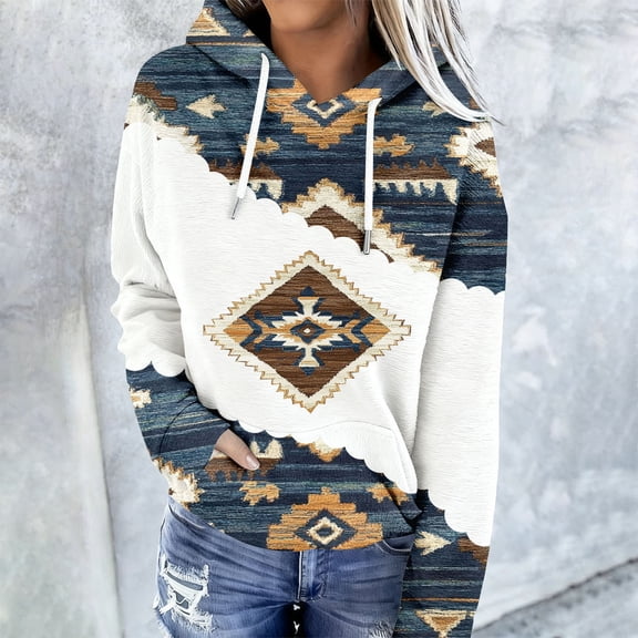 YueHuiYing Women's Geometric Print Hoodie Pullover Cowgirl Ethnic Rhombus Printed Hooded Winter Sweatshirt