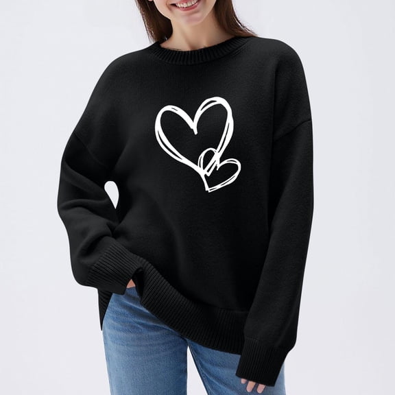 YueHuiYing Women's Heart Sweater Crew Neck Casual Long Sleeve Loose fit Love Print Ribbed Knit Sweaters Pullover Top