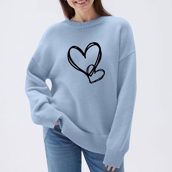 YueHuiYing Women's Heart Sweater Crew Neck Casual Long Sleeve Loose fit Love Print Ribbed Knit Sweaters Pullover Top