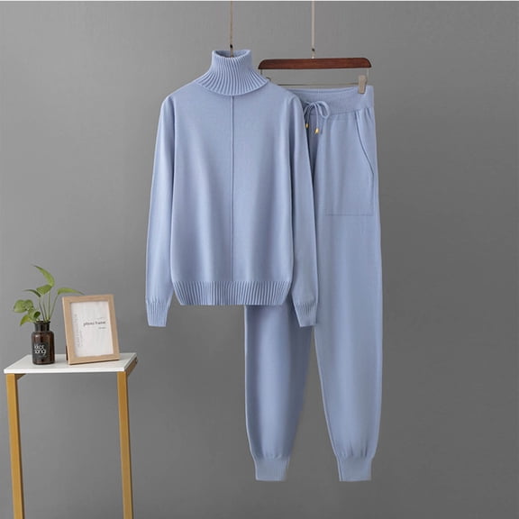 YueHuiYing Women's High Neck Top And Straight Comfortable Stretch Waist Pants Two-Piece Knit Sweater Set