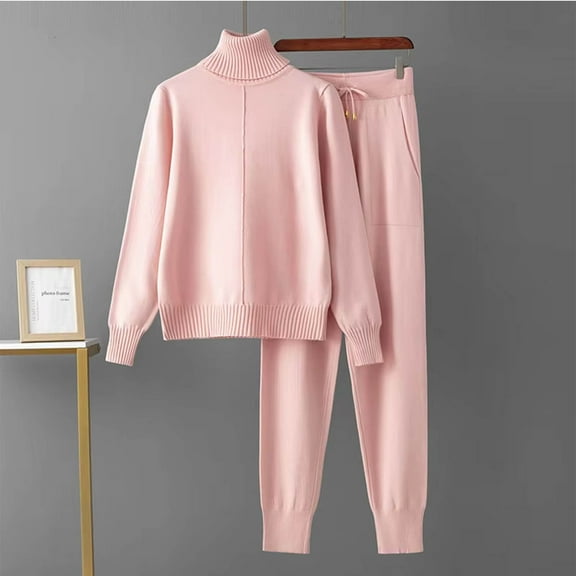 YueHuiYing Women's High Neck Top And Straight Comfortable Stretch Waist Pants Two-Piece Knit Sweater Set