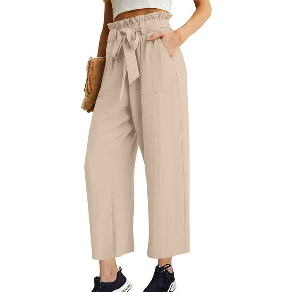 YueHuiYing Women's High Waist Wide Leg Long Palazzo Pants Front Knot Tie Elastic Trousers with Pockets Lounge Business Work Pants