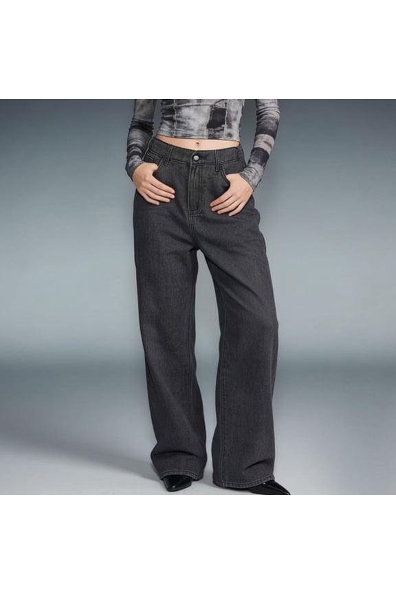 Women's High-Waisted Baggy Jeans – Stretchy Wide-Leg Tummy Control Straight-Leg Denim Pants Trendy Jeans