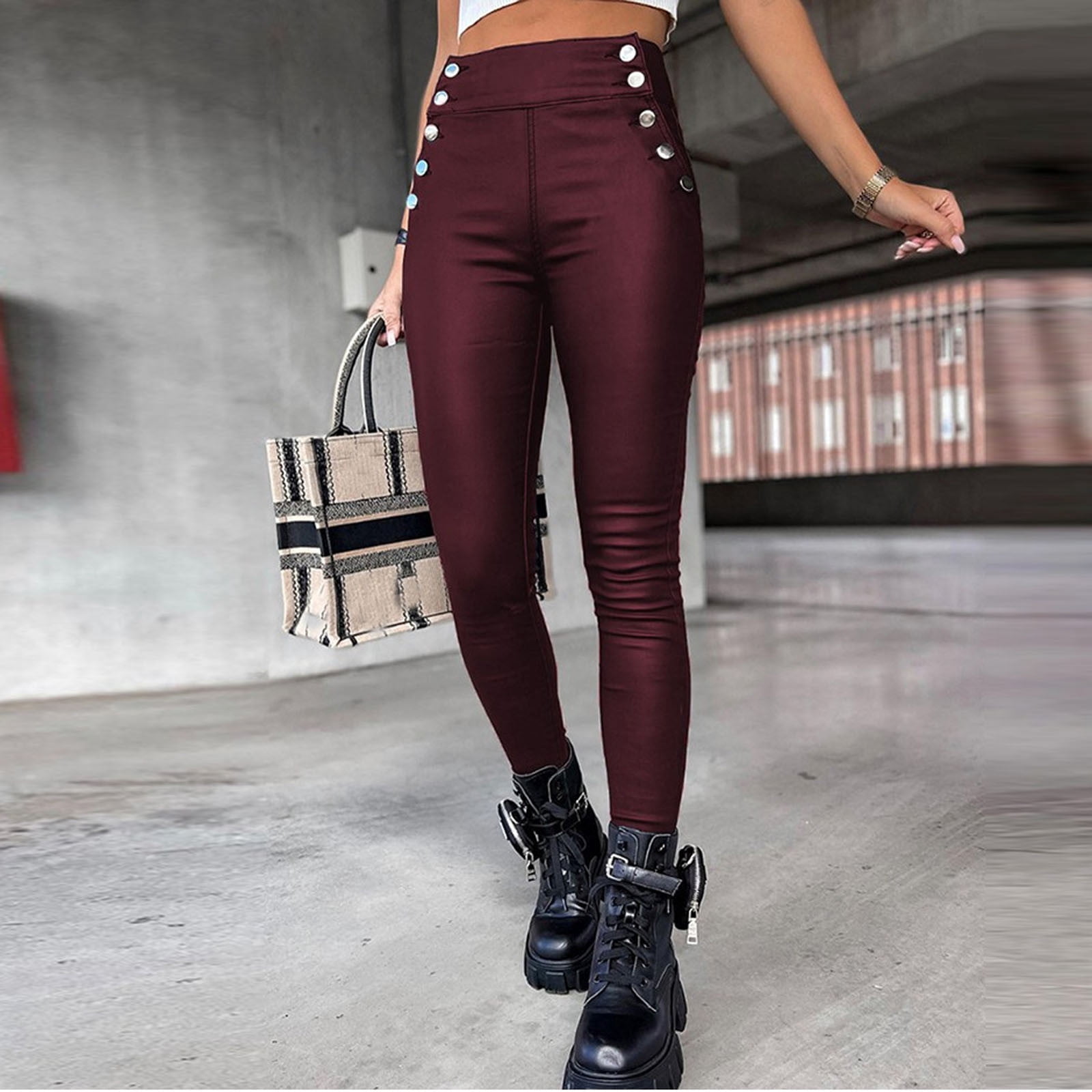 YueHuiYing Women's High-Waisted Solid-Color PU Leather Slim-Fit Butt-Lifting Long Pants