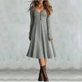thumbnail image 1 of YueHuiYing Women's Independent Store Elegant Ribbed Slim-Fit A-Line Mid-Length Sleeve V-Neck Dress, 1 of 5