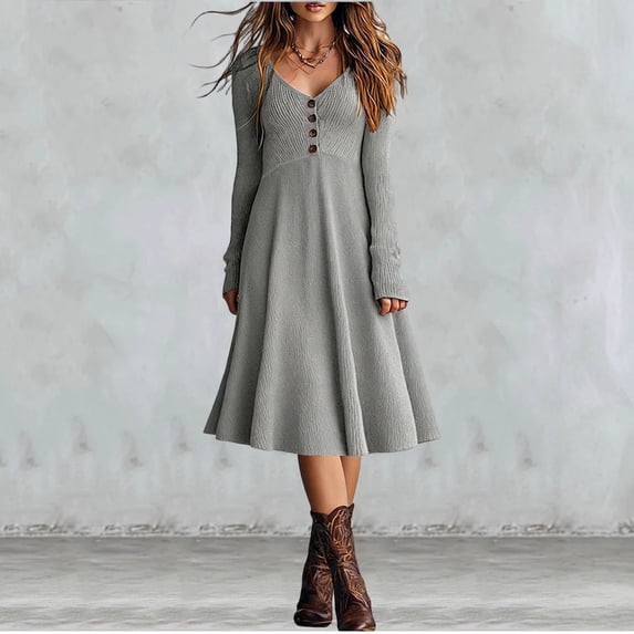 YueHuiYing Women's Independent Store Elegant Ribbed Slim-Fit A-Line Mid-Length Sleeve V-Neck Dress