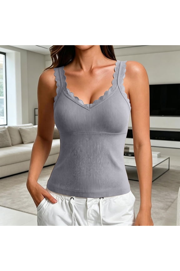 Women's Lace V-Neck Camisole with Built-in Padded Bra - U-Back Design Sleeveless Tank Top for Casual Summer Wear