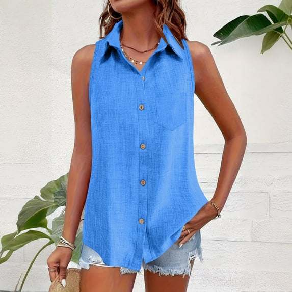 YueHuiYing Women's Lapel Button-Up Tank Top Casual Wear Multiple Colors Available Slim-Fit Sleeveless Base Layer Summer Style