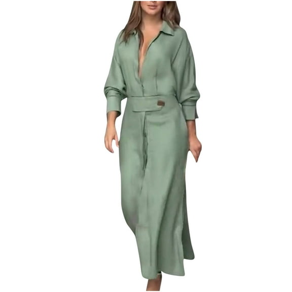 YueHuiYing Women's Lapel Collared Maxi Blouse Dress V-Neck Elegant Batwing Long Sleeve A-Line Pleated Shirt Long Dress