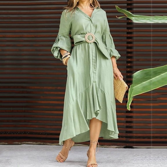 YueHuiYing Women's Lapel Collared Maxi Blouse Dress V-Neck Elegant Batwing Long Sleeve A-Line Pleated Shirt Long Dress Green L