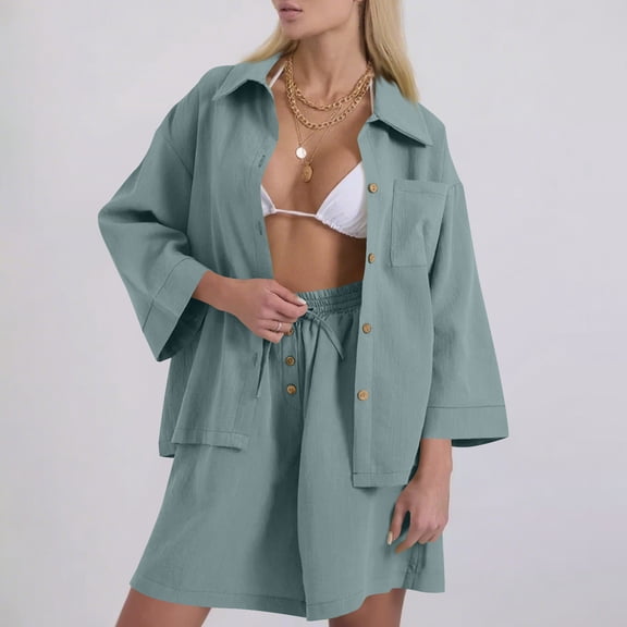 YueHuiYing Women's Lapel Two Piece Outfits Long-Sleeved Crop Top High Waisted Casual Shorts with Pockets