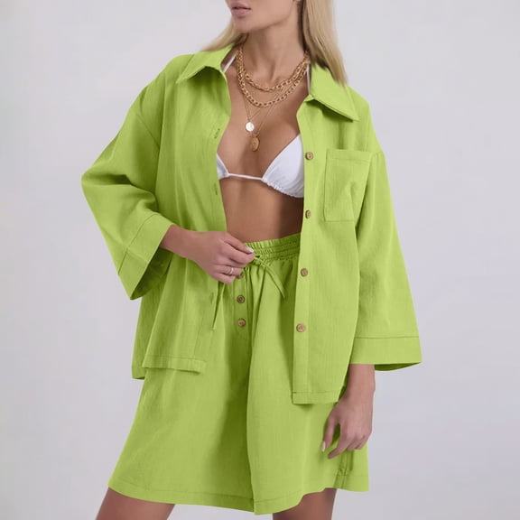 YueHuiYing Women's Lapel Two Piece Outfits Long-Sleeved Crop Top High Waisted Casual Shorts with Pockets