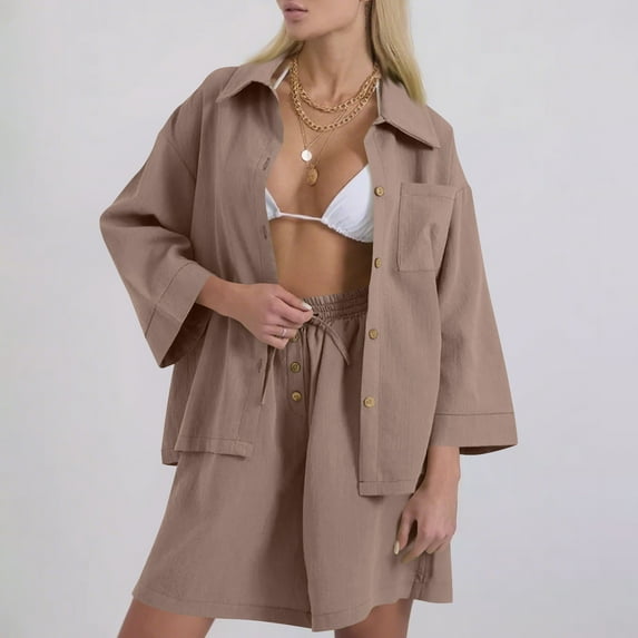 YueHuiYing Women's Lapel Two Piece Outfits Long-Sleeved Crop Top High Waisted Casual Shorts with Pockets