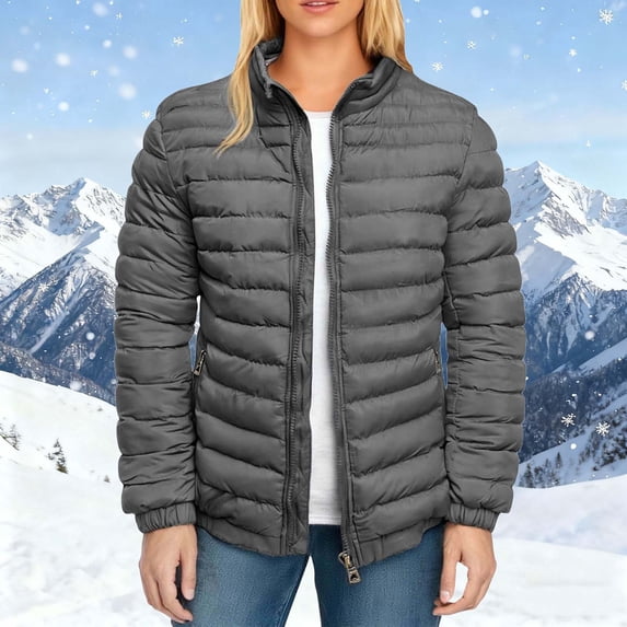 YueHuiYing Women's Lightweight Quilted Padded Double Pockets Zip-up Coat Winter Stand Up Jackets for Women