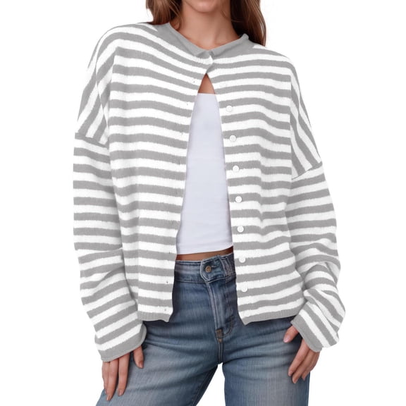 YueHuiYing Women's Lightweight Soft Striped Knit Cardigan With Breasted Button Front And Round Neck Fall Outfits