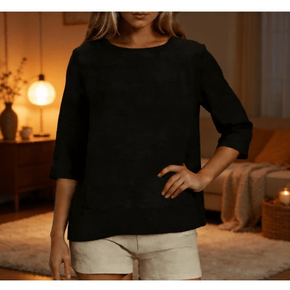 YueHuiYing Women's Linen 3/4 Sleeve Blouse Round-Neck Summer Casual Loose-Titting Oversize Blouse Short Top