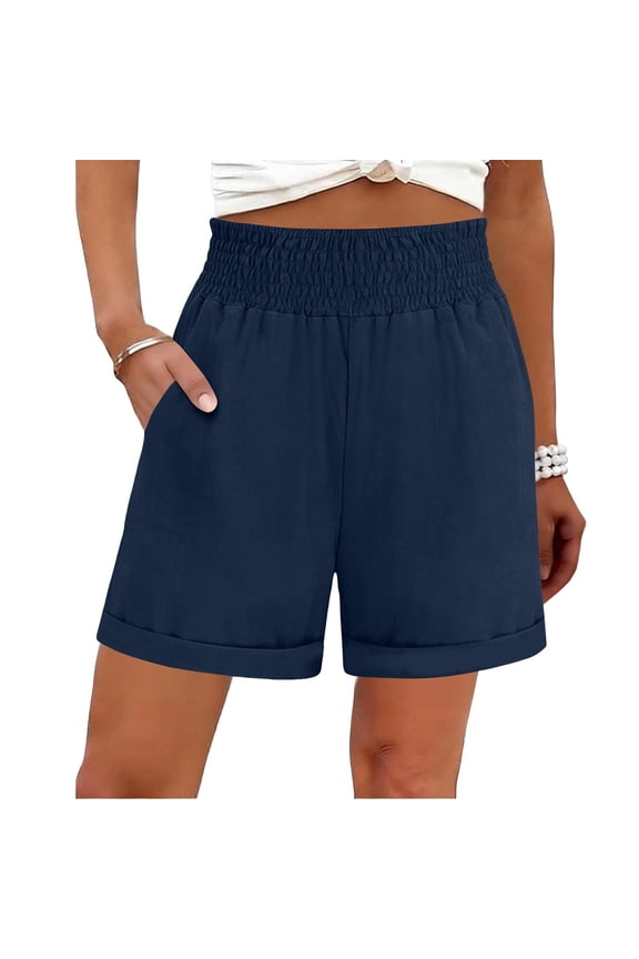 Women’s Linen Shorts High Waisted Casual Summer Beach Wide Leg Lounge Comfy Shorts with Pockets Navy S