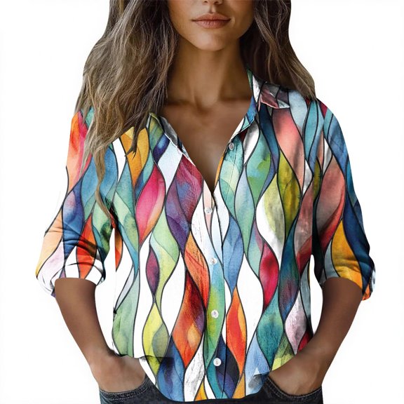 YueHuiYing Women's Long Sleeve Daily Artist Colorful Print Button-Up Collar Shirt Fashion Loose Casual Top