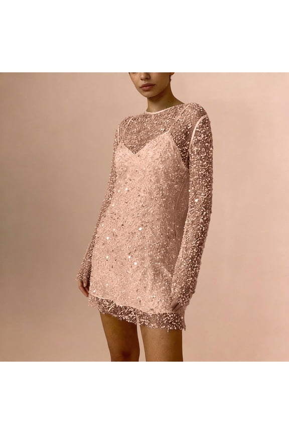 Women's Long Sleeve Midi Dress Sheer Mesh Printed 2-Piece Skirt Set Crew Neck See-Through Bodycon Clubwear