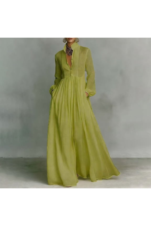 Women's Long Sleeve Mock Neck Maxi Dress with Button Front & Pleated Detail - Elegant Flowy A-Line Silhouette