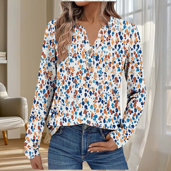 YueHuiYing Women's Loose-Fit Blue Floral Check Print V-Neck Long-Sleeve Button-Up T-Shirt - Everyday Style Relaxed Casual Top