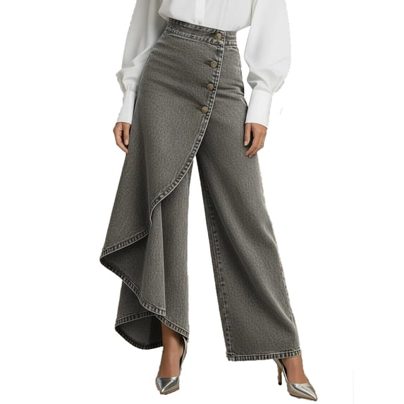 YueHuiYing Women's Loose-Fit Long-Hem Solid-Color Casual Denim-Look Button-Detail Washed Jeans Skirt Gray M