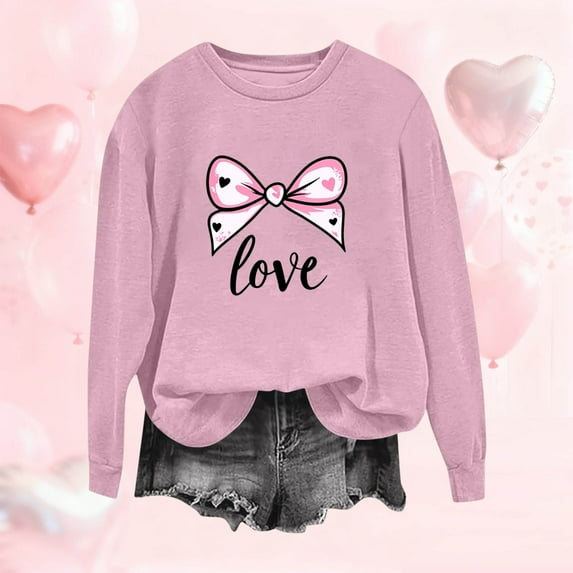 YueHuiYing Women's Loose-Fit White Heart Random Print Crew Neck Long Sleeve Valentine's Day Versatile Casual Sweatshirt