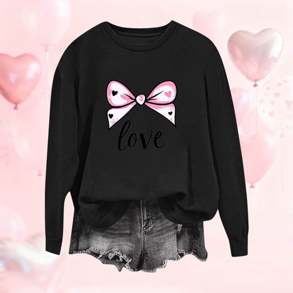 YueHuiYing Women's Loose-Fit White Heart Random Print Crew Neck Long Sleeve Valentine's Day Versatile Casual Sweatshirt