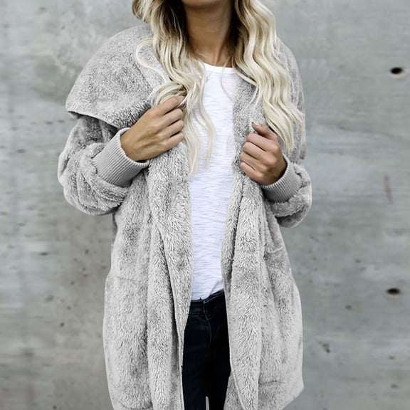 YueHuiYing Women's Medium To Long Solid Color Sweater Oversized Zip up Pullover Open Front Jacket
