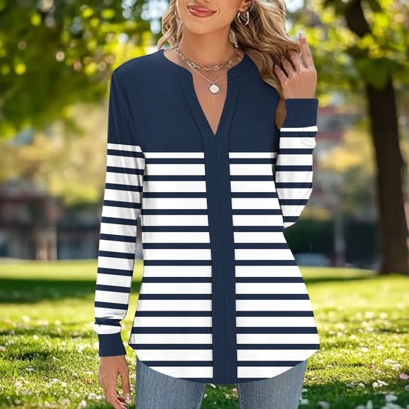 YueHuiYing Women's Navy Polka Dot Patchwork Striped T-Shirt - Round Neck Long Sleeve Loose-Fit Slimming Casual Top