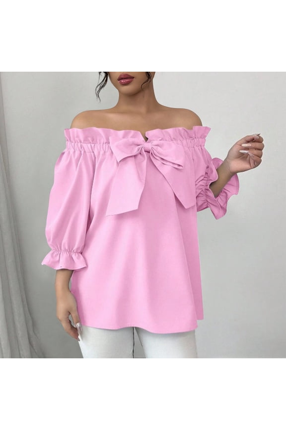 Women's Off-Shoulder Ruffled Short-Sleeve Blouse with Tie-Front Bow and Flowing Silhouette Pink S