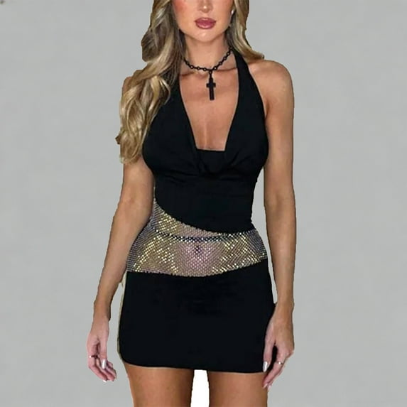 YueHuiYing Women’s Open Back Sheer Lace Mini Dress Plunging Halter Ruffles Bodycon Short Dress