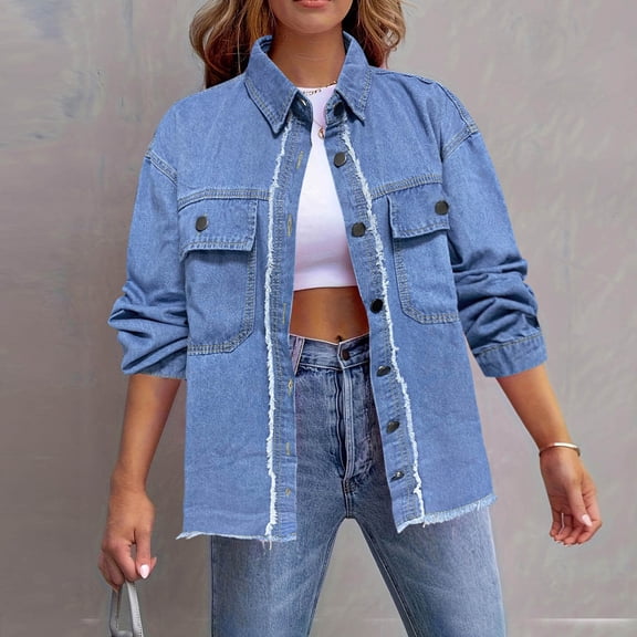 YueHuiYing Women's Oversized Denim Jacket Casual Long Sleeve Denim Shirts Distresse Jean Hoodless Jacket