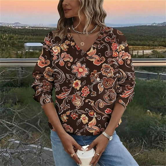 YueHuiYing Women's Oversized Floral Cluster Print V-Neck Regular-Length Sleeve Casual Comfortable Pullover Top