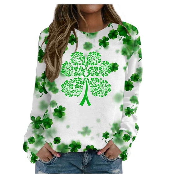 YueHuiYing Women's Oversized Hoodie with Green Leaf Stripe Print Crew Neck Long SleeveHoodlessSt. Patrick's Day Casual Top