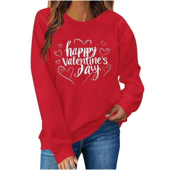 YueHuiYing Women's Oversized Hoodie with Heart English Print Crew Neck Long Sleeve Valentine's Day Everyday Hoodless Top