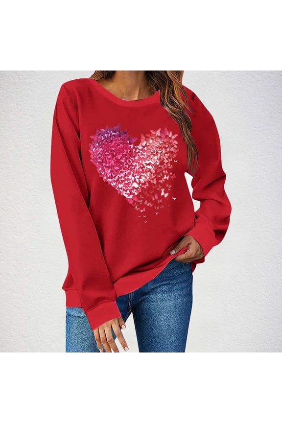 Women's Oversized Hoodless Sweatshirt with Heart-Shaped Letter Print Crew Neck Long Sleeve Spring/Summer Valentine's Day Fashion Comfort Top