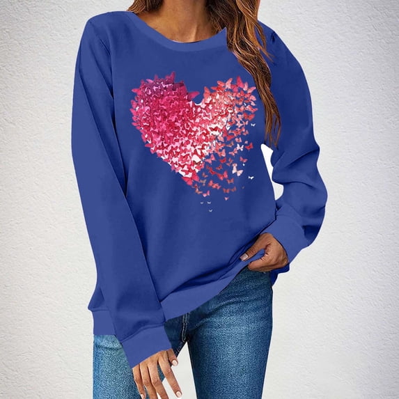 YueHuiYing Women's Oversized Hoodless Sweatshirt with Heart-Shaped Letter Print Crew Neck Long Sleeve Spring/Summer Valentine's Day Fashion Comfort Top