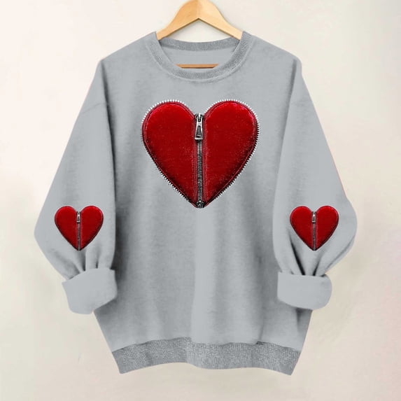 YueHuiYing Women's Oversized Hoodless Sweatshirt with Heart-Shaped Letter Print Round Neck Long Sleeves - Valentine's Day Fashionable Casual Comfort Top