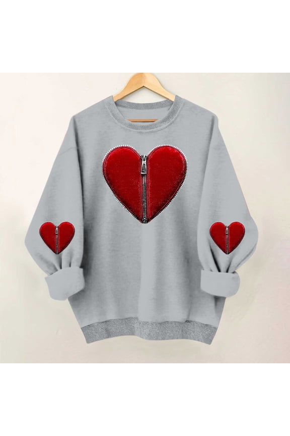 Women's Oversized Hoodless Sweatshirt with Heart-Shaped Letter Print Round Neck Long Sleeves - Valentine's Day Fashionable Casual Comfort Top