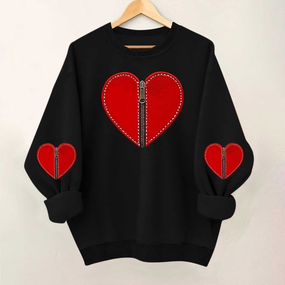 YueHuiYing Women's Oversized Hoodless Sweatshirt with Heart-Shaped Line Print Round Neck Long Sleeves - Valentine's Day Fashionable Commuter Comfort Top